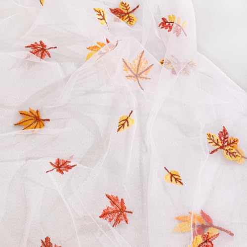 Image of Maple Leaf Embroidery Fall Table Runner White Sheer Tulle Table Runner, 3PC