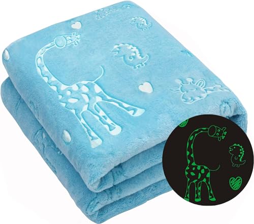 Exqline Manta que brilla en la oscuridad, linda jirafa, dinosaurio, patrón de corazón, manta de franela suave para niños, manta de forro polar luminosa para cama, sofá y viajes, regalo para niños y