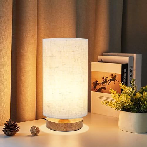 Small Bedside Table Lamp for Bedroom, Minimalist Wood Base & Round Fabric Shade, Mini Cute Cozy Warm White Nightstand Boho Lamp, Study Desk Night Stand Light for Room, Dorm, Nursery, Living Room by UCHENTON - Used condition - US$13.75
