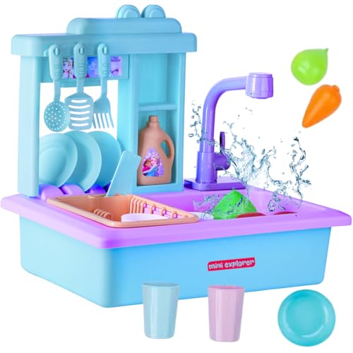 Image of MiniExplorer Frozen Sisters Pretend Play Kitchen Set for Girls Toy Sink Electronic Dishwasher Pretend Role Play Kitchen Toys Set with Working Faucet - Frozen Sisters