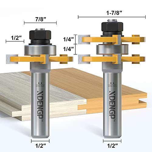 Image of Professional 2 PCS Tongue and Groove Router Bit Set 1 /2 Inch Shank, 3 Teeth T Shape Wood Milling Cutter Woodworking Tools, Matched Oak Hardwood Floor Wainscoting Boards Joinery Router Bit