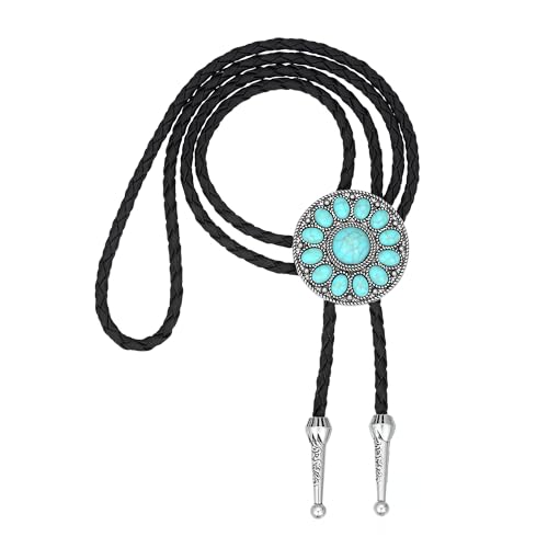 Image of AZORA Western Cowboy Bolo Tie Men Leather Necktie Leather Cord Turquoise Stone Bolo Ties for Men Women