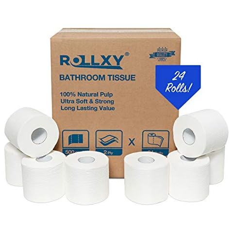 Toilet Paper Rolls, Sealed Pack, 24 White Mega Rolls 2-Ply 500 Sheets Per Roll 12000 Sheets Total Rollxy Ultra-Soft and Absorbent Premium Toilet Paper Cover