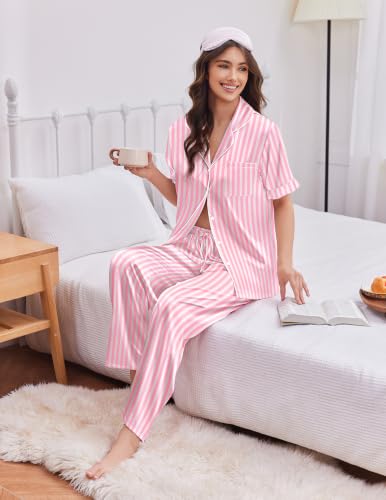 Image of Ekouaer Silk Satin Pajamas for Women Set 2 Piece Short Sleeve Button Up Pjs