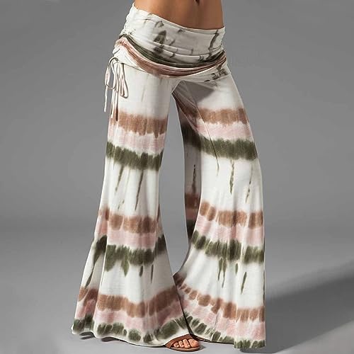 Ladies Fashion Palazzo Pants Stripe Tie Dye Print Loose Lace Casual Wide Leg Trousers Summer Soft Beach (Khaki, XL)3