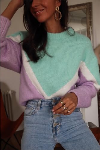 Stylish Long Sleeve Knit Sweater: Green Chevron Colorblock Design4