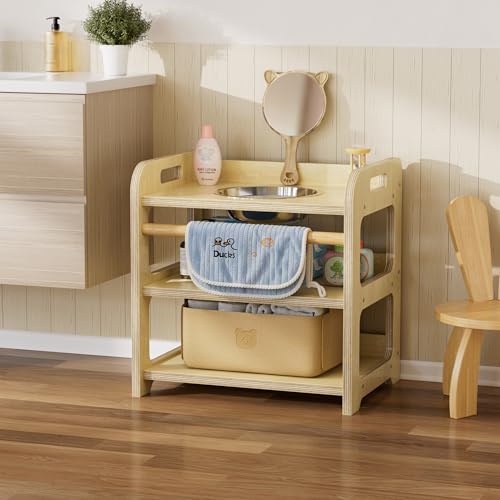MSFE Lavabo Montessori Enfant avec Miroir Ours Cartoon,Sablier,Serviette et Sac de Rangement en Feutre,Autonomie et Hygiène pour Enfants,Meubles en Bois pour Chambre d'enfants,35 * 50 * 50CM