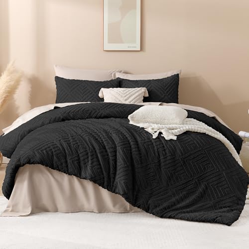 Image of Andency Black Comforter Set Queen, Lightweight Fluffy Bedding Comforter Sets for Queen Bed, 3 Pieces Tufted Farmhouse Shabby Chic Bed Set for All Seasons (1 Comforter 90x90In, 2 Pillowcases)