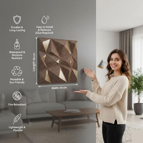 Image of Kayra Decor PVC Wall Panel - PVC Diamond Design, Magnum Brown Color 19.7 inch X 19.7 inch (Pack of 12) - Covers 32.34 Sq. Ft.