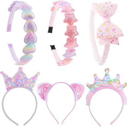 PUSABAOWO Headbands for Girls 6 Pack Toddler Headbands Glitter Kids Hairband Cat Bow Heart Star Crown Hair Accessories for Toddler Girls Teens