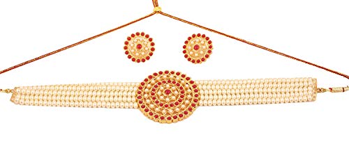 Crunchy Fashion Bollywood Style Traditional Indian Wedding Jewelry Red Crystals Pearl Choker Necklace with Earring & tika Set for Women Girls