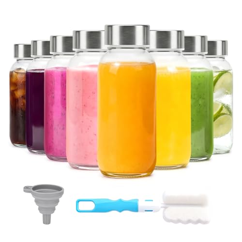 Image of Luxfuel 8 oz Glass Juice Bottles 8 Pack with Lid, Leak Proof Glass Bottle | Reusable Clear Glass Bottle with Stainless Steel Lids for Juice Shots, Smoothies, Wellness Drinks, Fridge & Dishwasher Safe