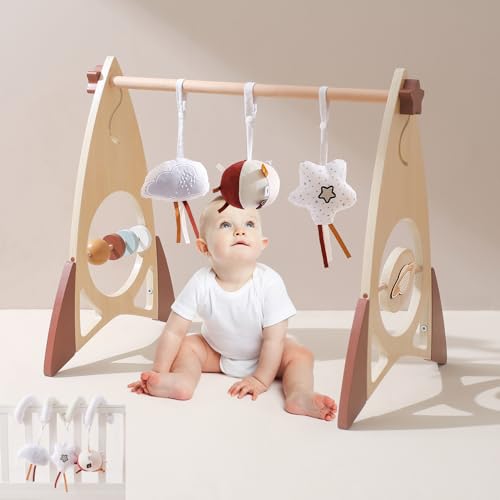 let's make Baby Play Gym Wooden Play Gym with Cotton Hanging Sensory Toys Removable Baby Activity Gym Frame Activity Center Hanging Bar Newborn Gift for Infant Baby Toddler (Rocket + Carseat Toys)