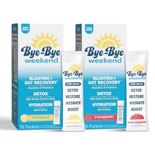 Bye-Bye Weekend Detox Drink Mix w/Electrolytes - for Bloating Recovery Fatigue Brain Fog - Probiotics Lions Mane Milk Thistle - Zero Sugar Variety Pack - 20 Pack