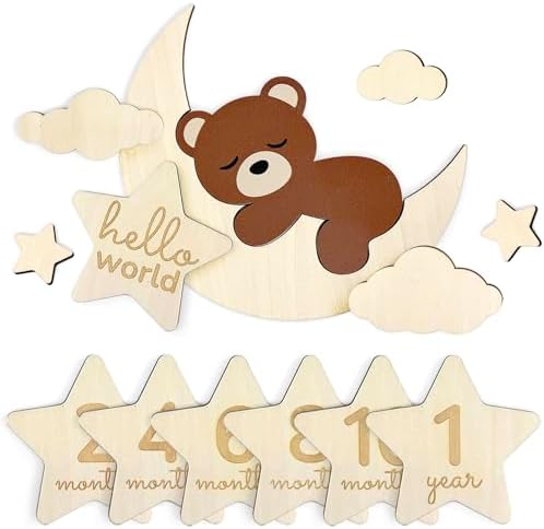 Teddy Bear Wooden Baby Milestone Cards – Monthly Photo Props Set (Hello World to 12 Months)