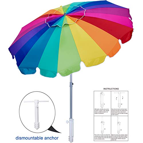 AMMSUN 7.5ft 20 Panels Vented Beach Umbrella with sand anchor Tilt and Telescoping