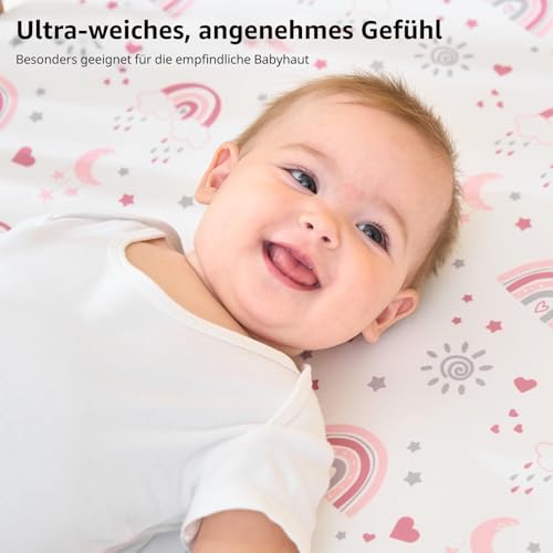 FIEMOL Baby Spannbettlaken 70x140 cm Kinderbett Spannbetttuch, 3er-Pack Mikrofaser Bettlaken Für Babybett, Ultrasanft & Seidigglatt Kinderbettlaken Rosa Regenbogen