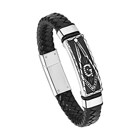 constantlife Cremation Bracelet for Ashes Braided Leather Wristband Memorial Cuff Bangle Masonic Compass Stainless Steel Urn Jewelry Keepsake Gift for Women Men, Leather, stainless steel Cover