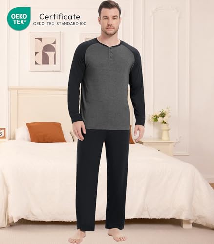 Image of NACHILA Mens Pajamas Set Viscose Made from Bamboo Henley Top Sleep Pants | Henley Top,Soft pants,Tagless Comfort,Moisture Wicking,Ultra silky, All season Loungewear Set, Jogger Sweatpant,Match set