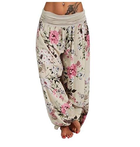 HEFASDM Calças de Pilates de Pilates de pilates de saqueda da cópia floral das mulheres Beige M