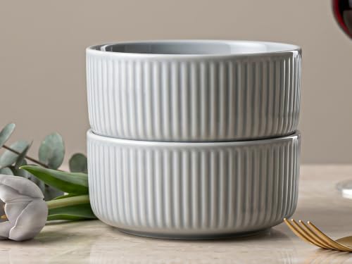 Image of Bodhi House Porcelain Large Serving Deep Bowl Set of 2 for Vegetable, Dal, Fruit, Cereal, Salad, Ramen, Mixing Bowl for Snack, Microwave Safe, Perfect for Dining and Gifting, Pearl Grey | 750 ml