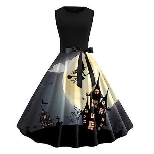 Genérico Vestido trapecio estampado vintage para mujer, cuello redondo, sin mangas, vestido de cóctel, fiesta de promoción, Halloween Terracota, gris, S
