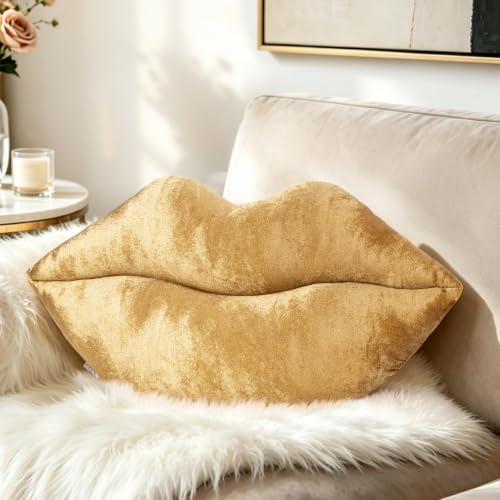 AELS 3D Large Lips Throw Pillows, Soft Decorative Love Pillows, Velvet Cute Pillow, 24 x 12 inches for Couch, Sofa, Bed, Living Room, Bedroom, Bronze Gold