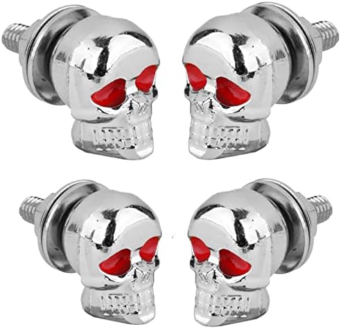 venveal Skull License Plate Bolts, Universal License Plate Fasteners Screws Caps for Motorcycle Chopper Car Tag Frame, Stainless Steel Windscreen Trim Cover Replacement Kit (Chrome, 4 Pack)