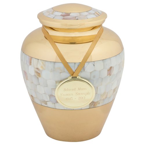 Custom Engraved Mother Of Pearl Wide Band Brass Cremation Urn