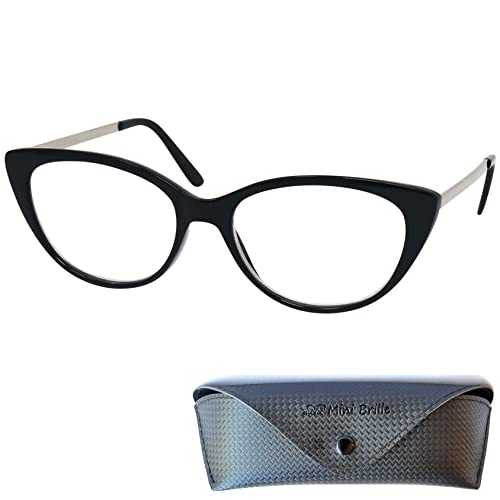Mini Brille, Cat Eye Blue Light Blocking Reading Glasses, FREE Case, Plastic Frame (Black) with Metal Temples