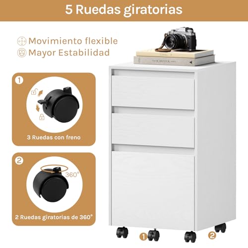 WOLTU Archivador Móvil con 3 Cajones, Cajonera con 5 Ruedas Multiusos, Gabinete de Archivos Debajo del Escritorio para Documentos de Oficina, Blanco y Negro, 40x40x70 cm, ASK01ws - imagen 6