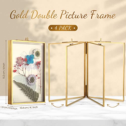 4 Pack 4X6 Inch Double Glass Picture Frame Gold Metal Pressed Photo Frames Hinged Brass Folding Picture Frames Vintage Artwork Display Frame For Pressed Flowers Artwork Certificate Plants Drawings #TOP1