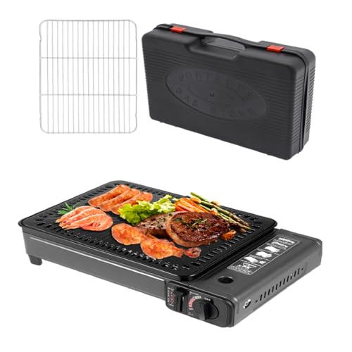 DDBESSIC Portable Butane Gas Grill Set, Adjustable Firepower Gas Grill Stove High Safety Tabletop Stove with Baking Sheet, Brush and Grilling Net, Korean BBQ Japanese Yakitori Camping Butane Stove