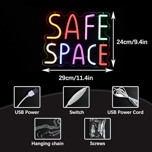 Image of Safe Space Neon Sign | Therapy Office Decor 9.4x11.4 Inch Mental Health Wall Art with Hooks & USB (Cool Touch, Easy Install)