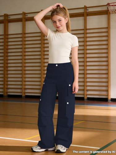 Image of SANGTREE Girls High Waist Casual Y2k Wide Leg Cargo Pants, 4-14 Years
