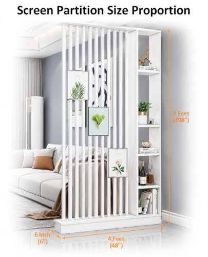 Image of Modern Wooden Room Divider with Storage Shelves | Partition for Living Room & Entryway | Decorative Display Rack with Vertical Slats ((108X48X6 White))