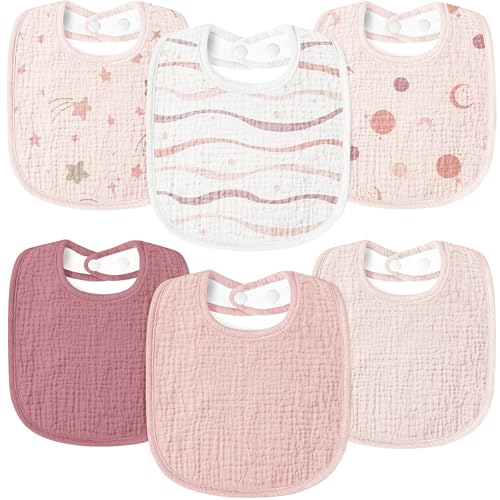 Susurration Baberos Bebe de Muselina Para Paquete de 6,Suaves Ajustables Cuadrados Baberos Apto Para bebés Unisex (Estampado Rosa)