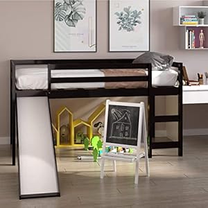 NAFORT Twin Loft Bed with Slide Low Loft Bed with Stairs Solid Wood Twin Loft Bed Frame for Girls Boys with Climbing Ladders Guard Rails and Slat Support Espresso