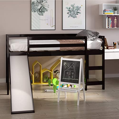NAFORT Twin Loft Bed with Slide, Low Loft Bed with Stairs, Solid Wood Twin Loft Bed Frame for Girls Boys with Climbing Ladders Guard Rails and Slat Support (Espresso)