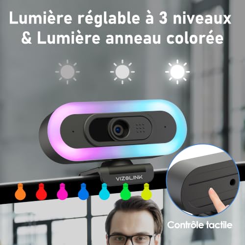 VIZOLINK Webcam 4K 30FPS LED Réglable 3 Niveaux Autofocus Micro Anti-Bruit Correction Faible Luminosité 78°FOV Plug Play Cache de Confidentialité Trépied, pour Conférence Appel Vidéo Streaming (S) – vue 3