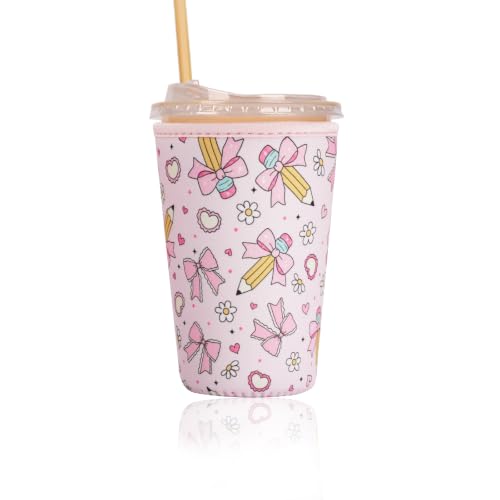 Image of Reusable Insulated Sleeve for Iced Coffee Cup, Coffee Neoprene Sleeve for Cold & Hot Drinks, Beverage Holder for Iced Coffee (Pencil Bows, Medium: 22-24oz)