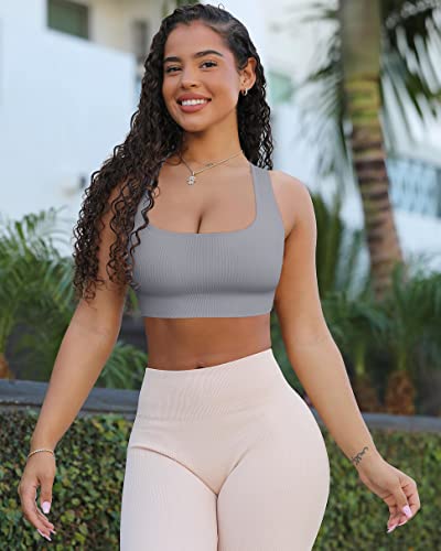 Oqq Women's 3 Piece Medium Support Crop Tops Ribbed Seamless Removable Cups Workout Exercise Racerback Sport Bra Black Grey Beige #TOP3