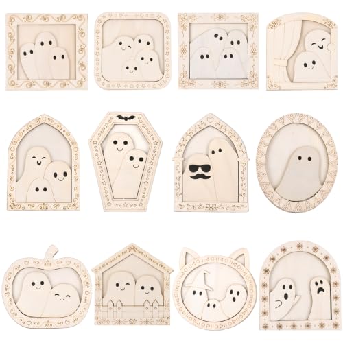 DERAYEE 12 Pcs Wood Ghost DIY Frames Decorating Craft, Unfinished Wooden Halloween Ghost Ornaments Paint-Your-Own Ornaments for Halloween Party and Kids Crafts