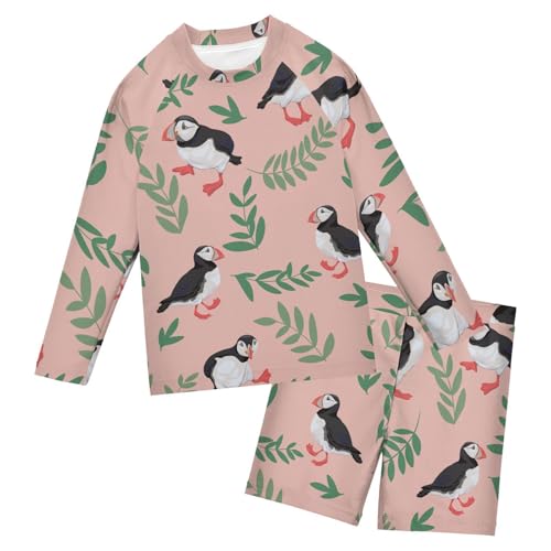 Aflyko Kids' Bathing Suit Set Puffin Bird Spring Long Sleeve Swim Tops with Shorts Summer Vacation Pool Party Rashguard Fun Cute Infant Beachwear, 4T Multicoloured