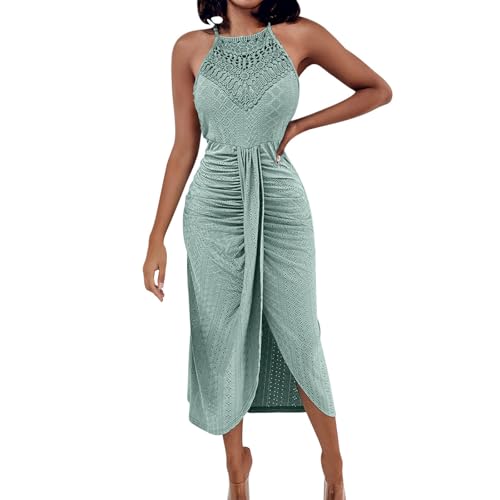 Figurbetontes Sommerkleid, Neckholder, figurbetont, für Damen, modisch, lässig, Spitze, Ösen, ausgehöhlt, gerüscht, Tulpen-Saum, Urlaub, Strand,...