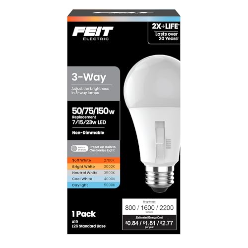 Feit Electric 3-Way A19 LED Light Bulb, 50/75/150W Equivalent, 5CCT Adjustable White (2700K–5000K), 1600 Lumens, Dimmable, 25,000-Life Hours, Energy Saving for Lamps & Fixtures, OM50/150/5CCTCA