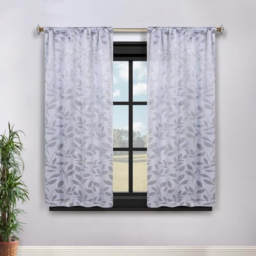 SUPERIOR Semi Blackout Curtains - Modern Leaves - 26" x 63" - Rod Pocket Header - Thermal Insulated, Sun Blocking & Room Darkening Drapes for Bedroom, Living Room - Set of 2 Panels - Silver