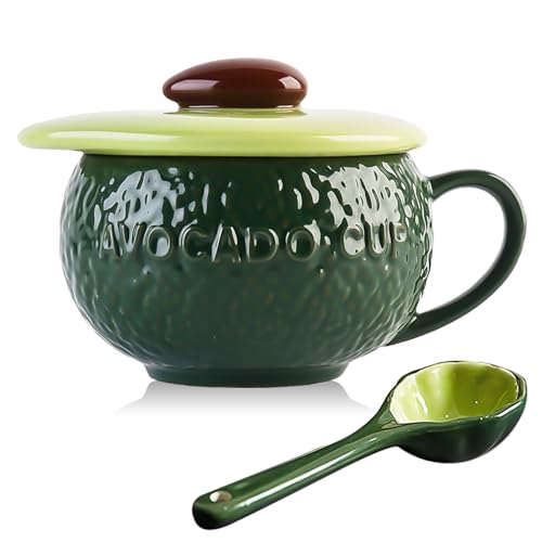 QUSHEJIAND Set di tazze da caffè in ceramica con coperchio e cucchiaio in porcellana, a forma di avocado, tazza per la colazione con farina d'avena, tazza da latte con manico, per caffè, succhi di