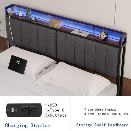 Image of Full Size Upholstered Headboard with LED Lights & Charging Station, USB & Type C Port, Linen Upholstery, Full Headboard Only, Height Adjustable Attach Frame Sturdy and Stable Easy Assembly
