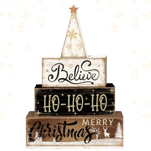 Britimes 4 Pcs Christmas Tiered Tray Decorations Set Believe HO-HO-HO Merry Christmas Reindeer Stack Block Signs Neutral Rustic Holiday Decor (Neutral HO-HO)